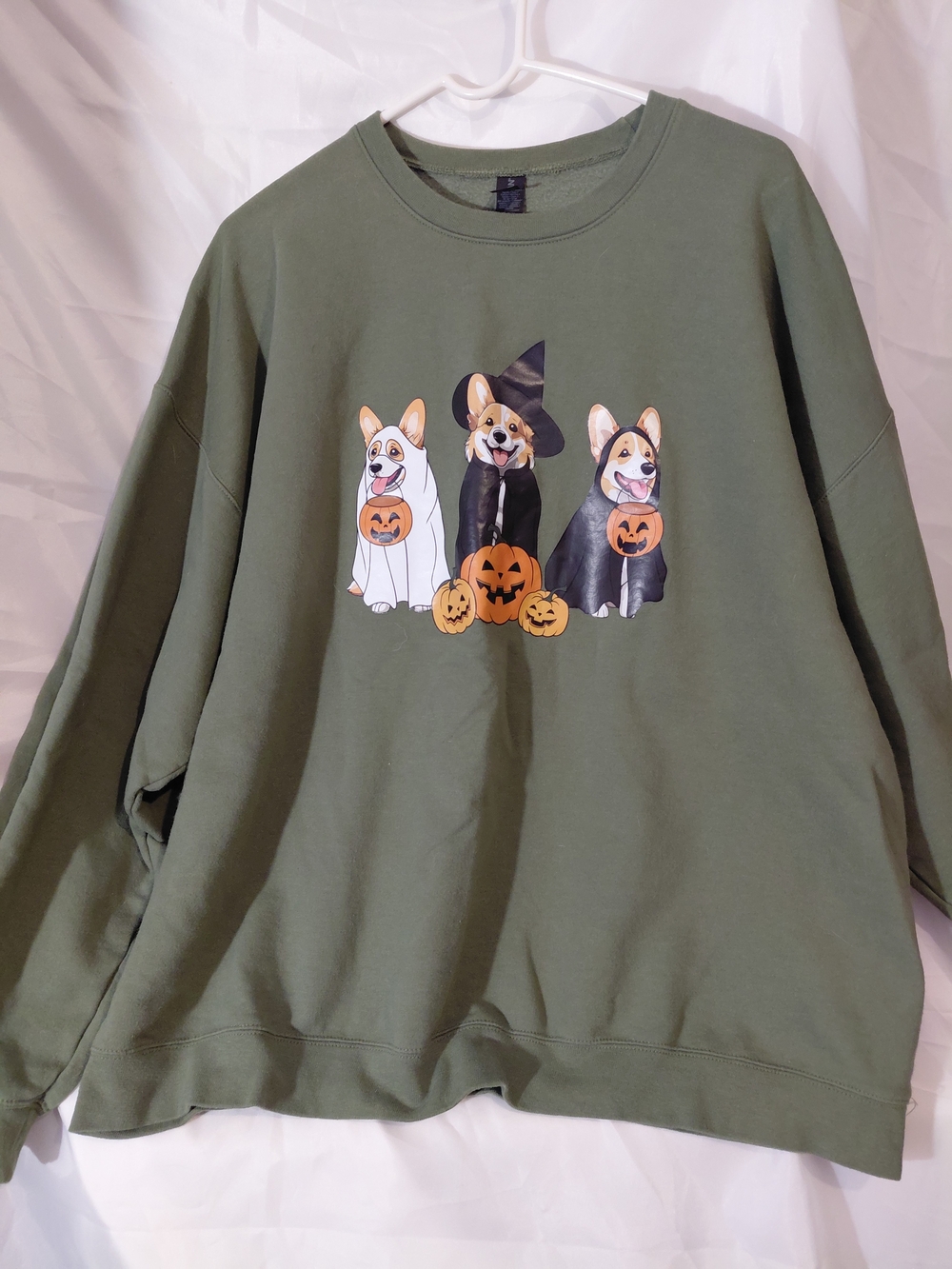 Gildan Olive Crewneck Sweatshirt with Halloween Corgi Pumpkin Trio